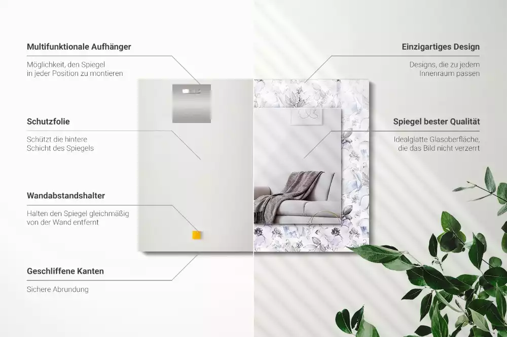 Obdélníkové dekorační zrcadlo na zeď květiny s listy