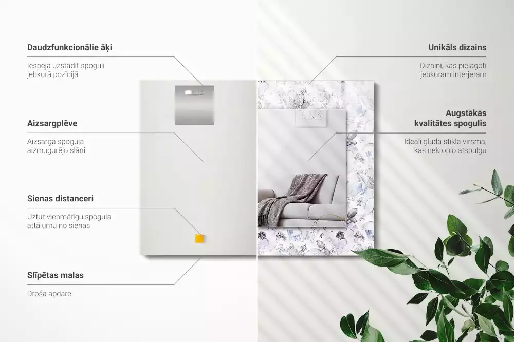 Obdélníkové dekorační zrcadlo na zeď květiny s listy