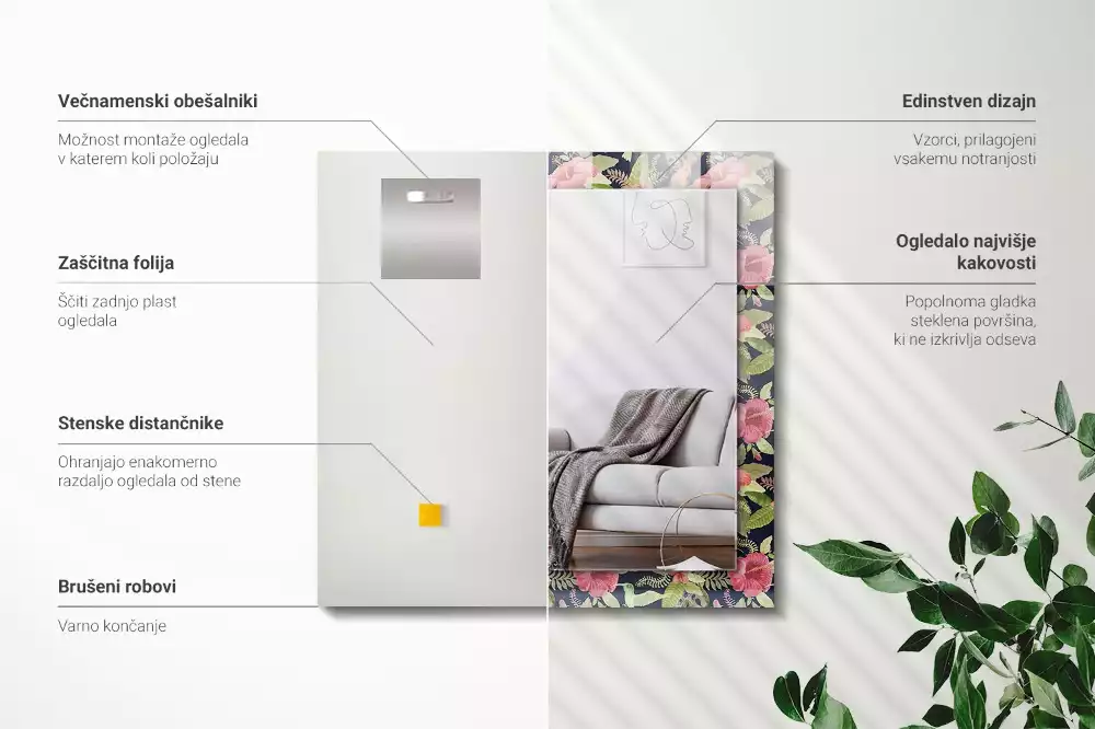 Obdélníkové zrcadlo rám s potiskem květiny s ptáky