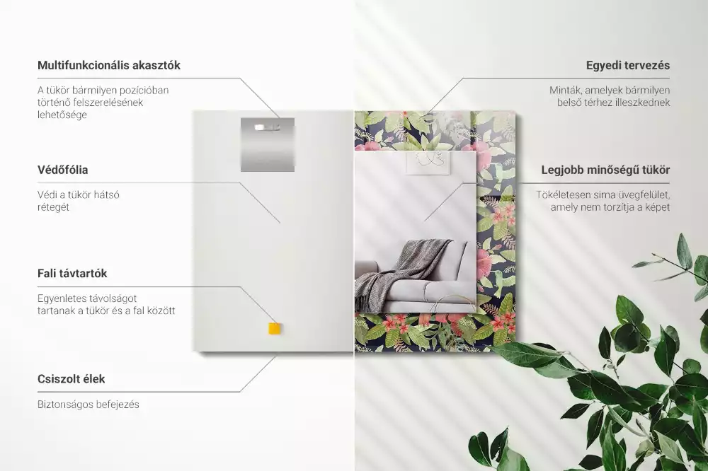 Obdélníkové zrcadlo rám s potiskem květiny s ptáky
