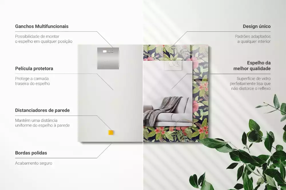 Obdélníkové zrcadlo rám s potiskem květiny s ptáky