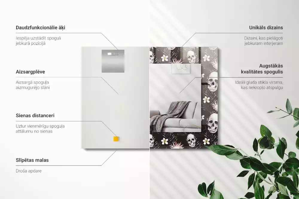 Obdélníkové zrcadlo s dekorem lebky s květinami