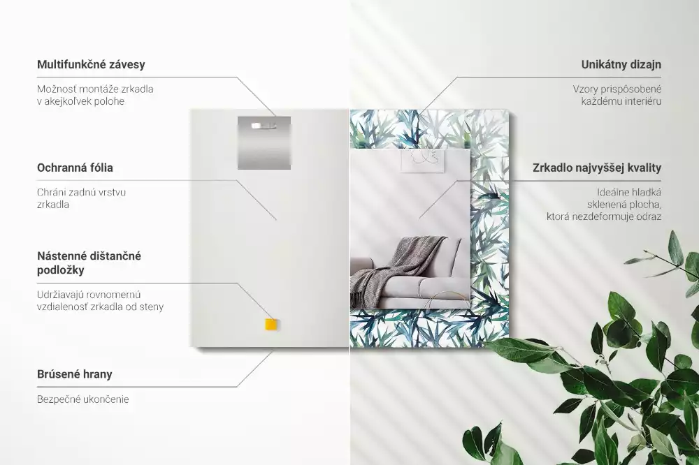 Obdélníkové dekorační zrcadlo na zeď akvarelové bambusové listy