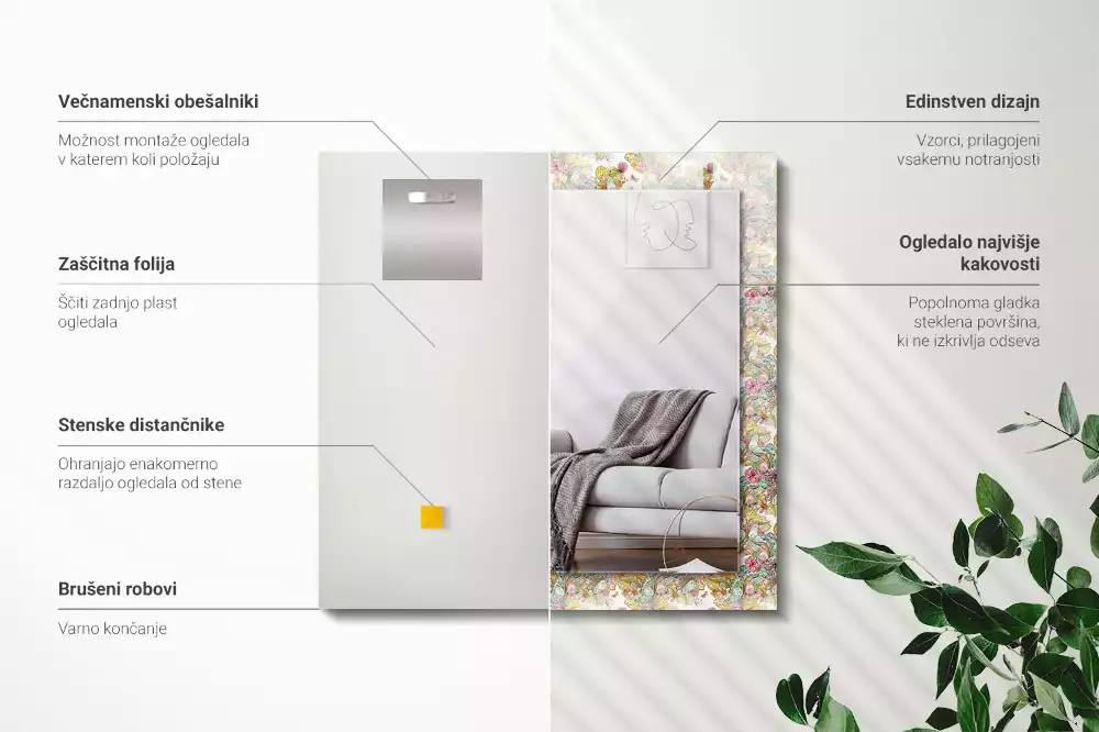 Obdélníkové zrcadlo s dekorem pestrobarevní motýli a květiny