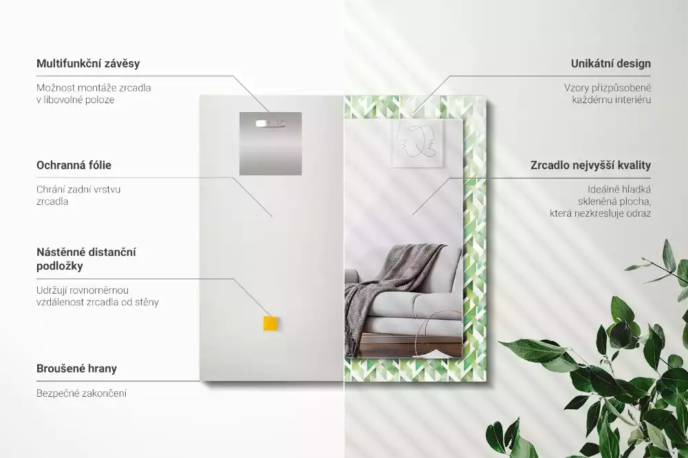 Obdélníkové zrcadlo s dekorem zelený geometrický vzor