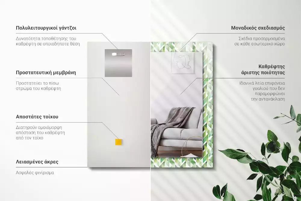 Obdélníkové zrcadlo s dekorem zelený geometrický vzor
