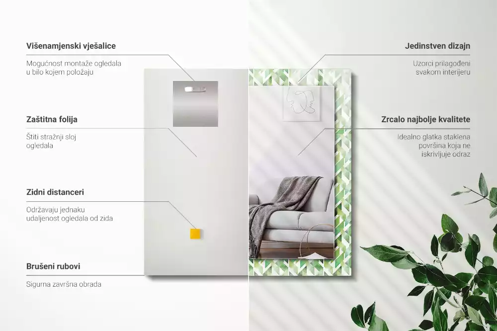 Obdélníkové zrcadlo s dekorem zelený geometrický vzor