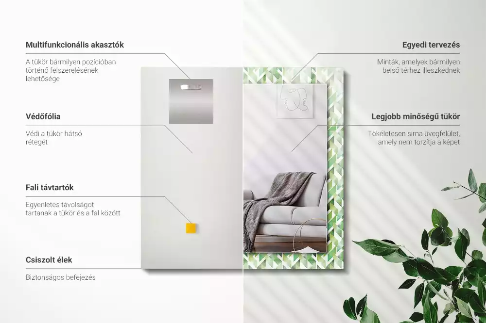 Obdélníkové zrcadlo s dekorem zelený geometrický vzor