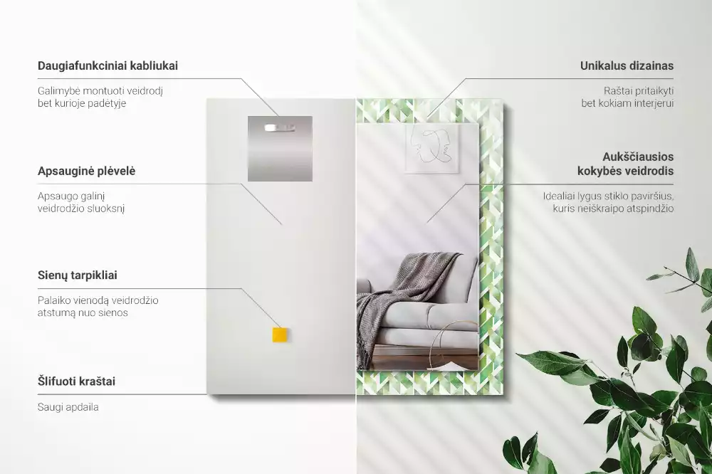 Obdélníkové zrcadlo s dekorem zelený geometrický vzor