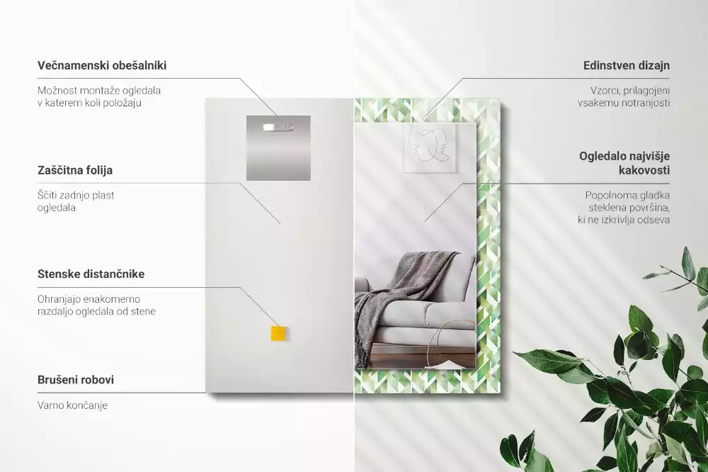 Obdélníkové zrcadlo s dekorem zelený geometrický vzor