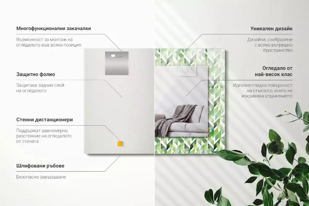 Obdélníkové zrcadlo s dekorem zelený geometrický vzor
