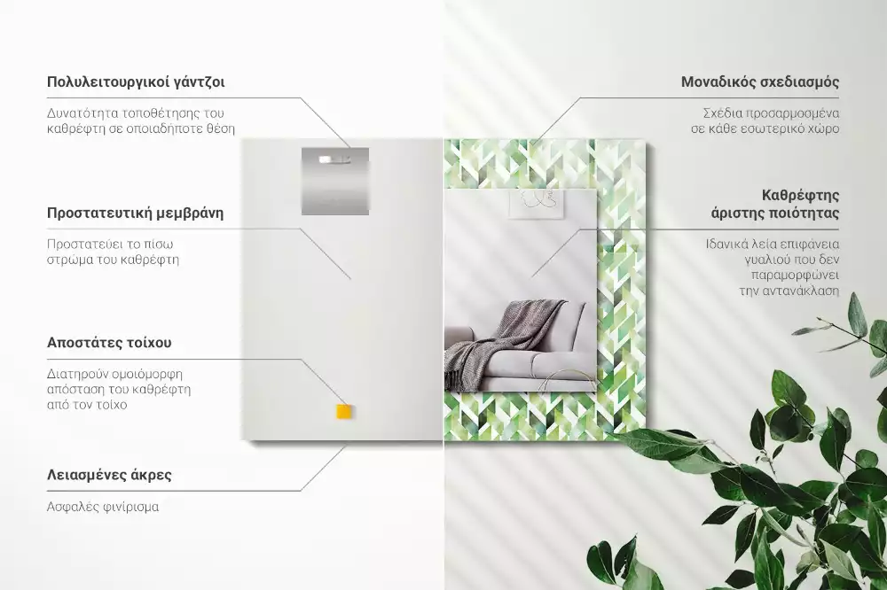 Obdélníkové zrcadlo s dekorem zelený geometrický vzor