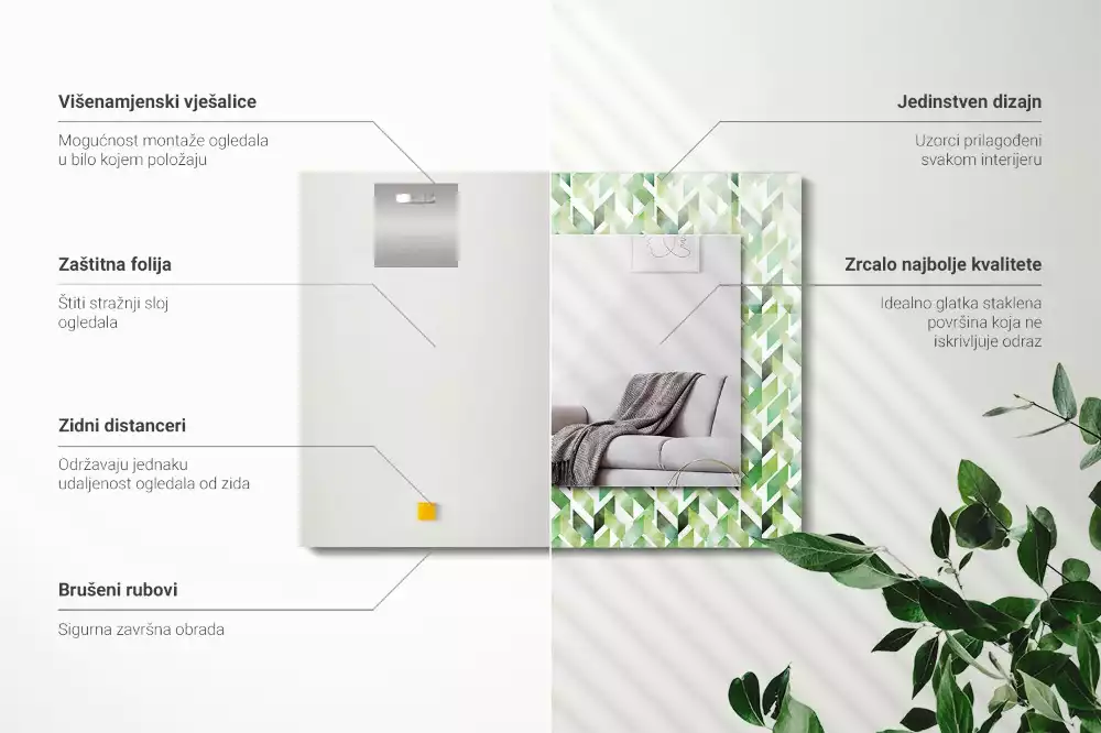Obdélníkové zrcadlo s dekorem zelený geometrický vzor
