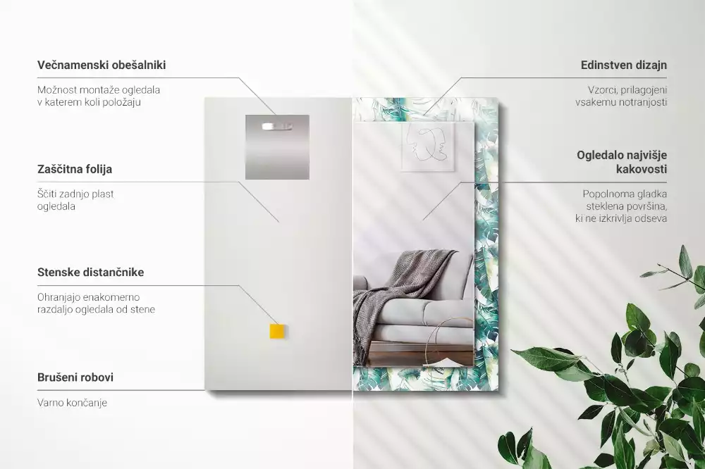 Obdélníkové dekorační zrcadlo na zeď zelené exotické listy