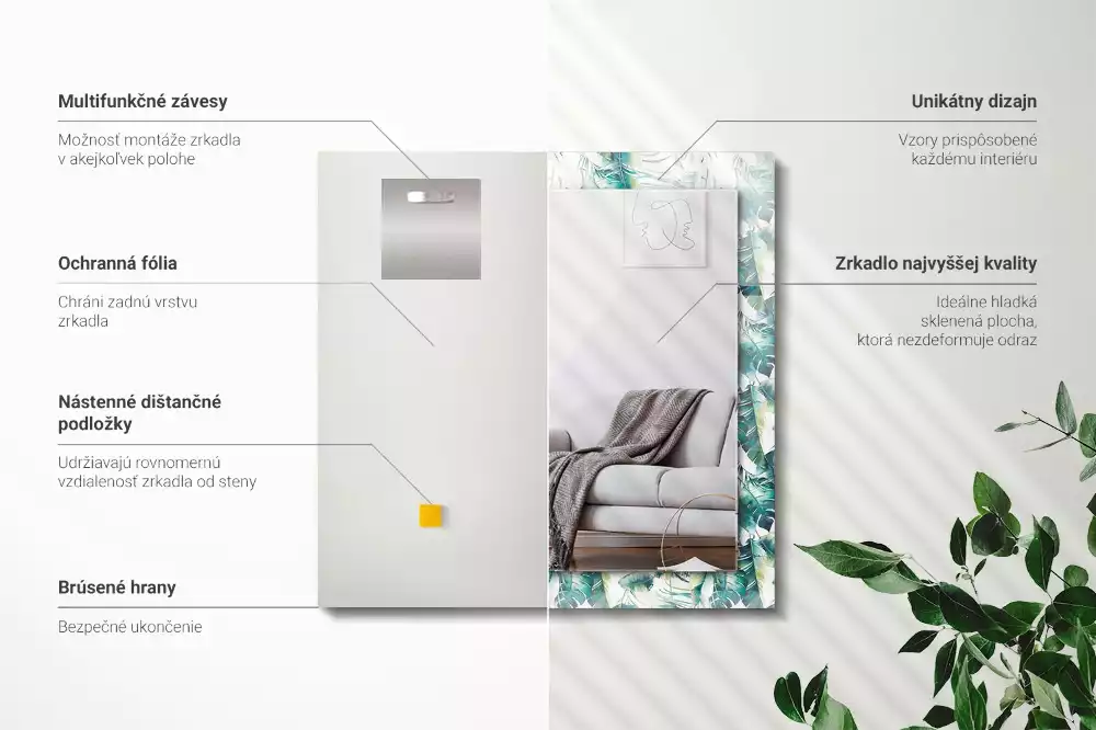 Obdélníkové dekorační zrcadlo na zeď zelené exotické listy