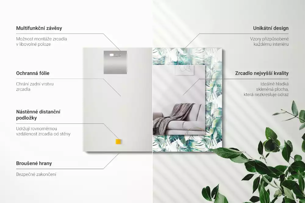 Obdélníkové dekorační zrcadlo na zeď zelené exotické listy