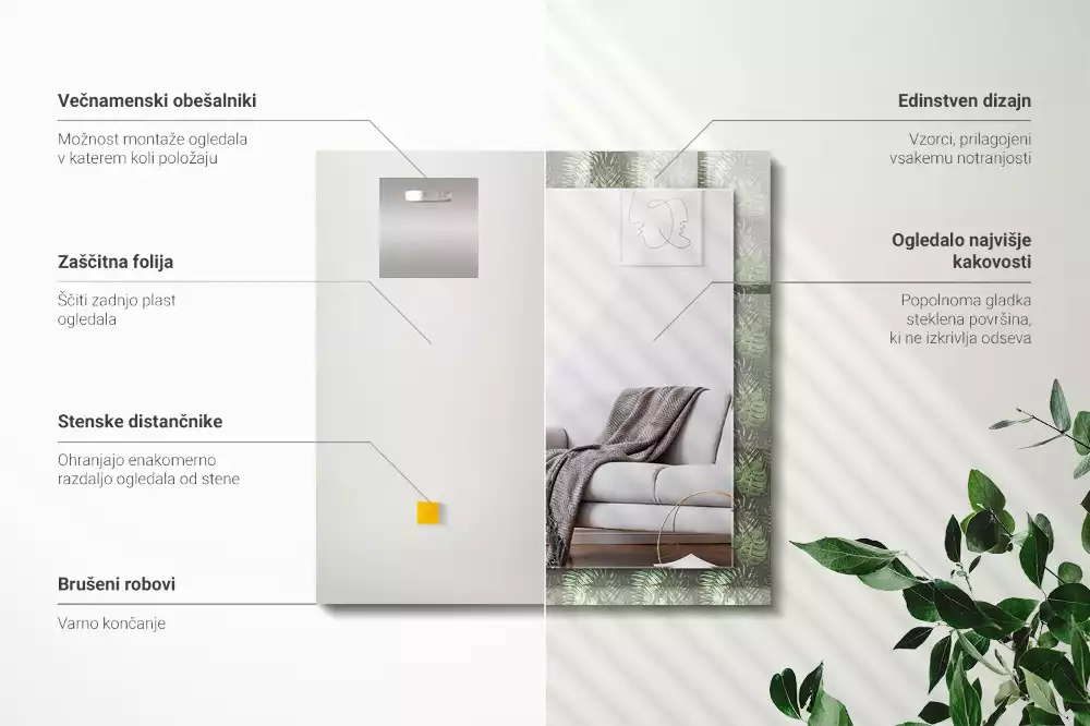 Obdélníkové zrcadlo rám s potiskem listy exotických rostlin