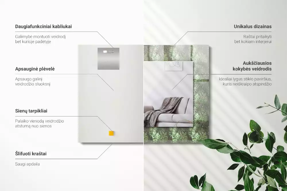 Obdélníkové zrcadlo rám s potiskem listy exotických rostlin