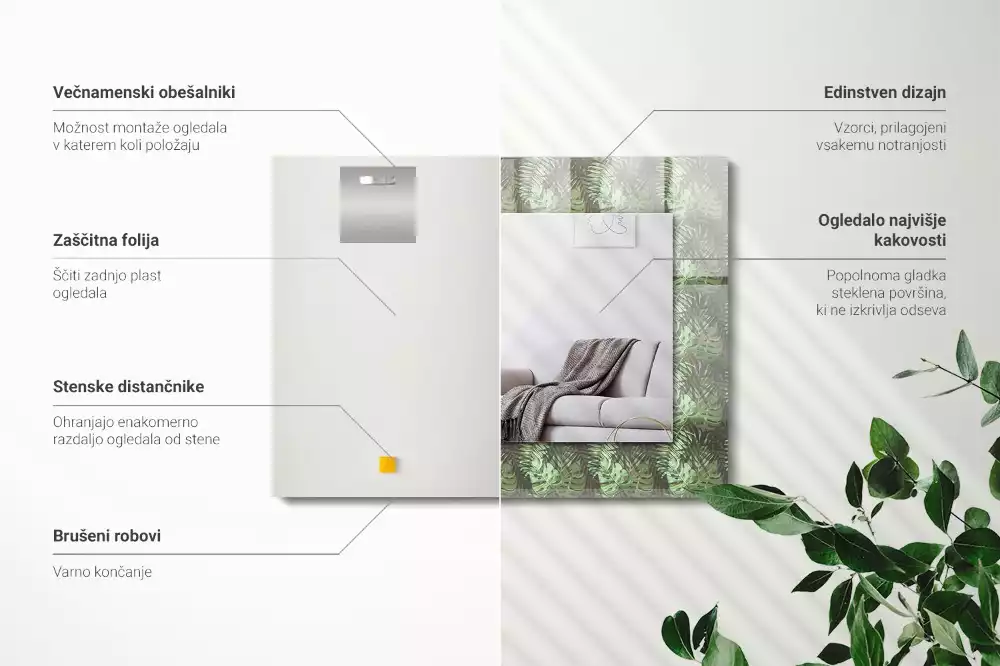 Obdélníkové zrcadlo rám s potiskem listy exotických rostlin