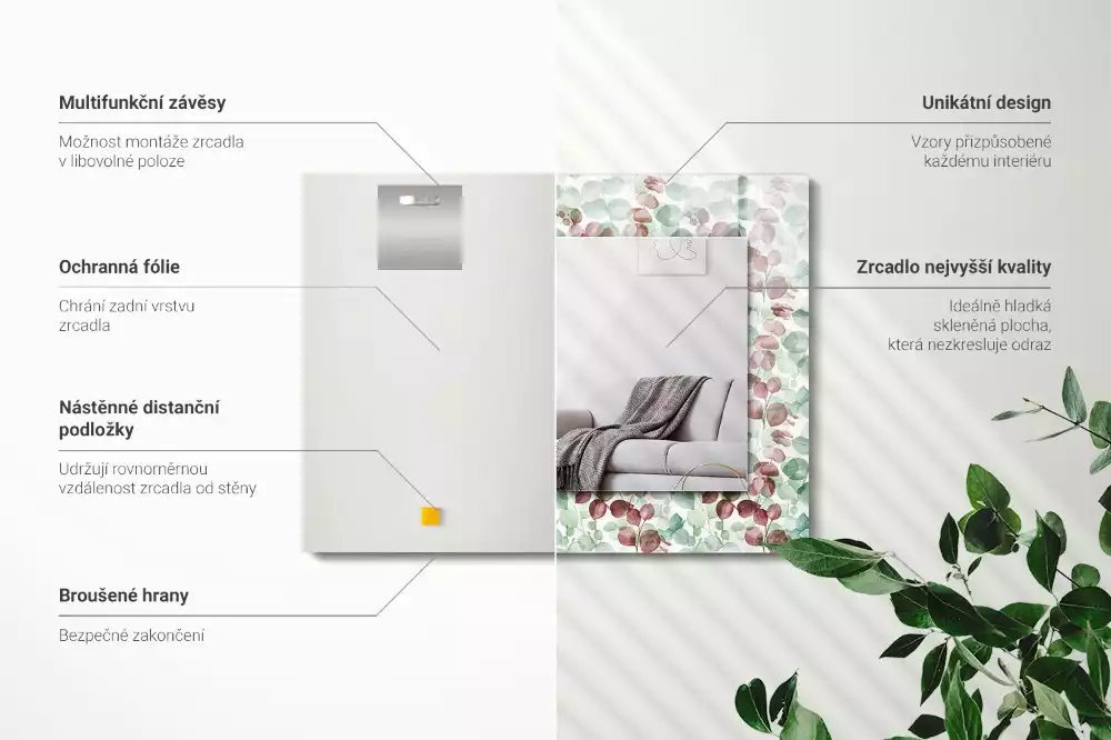 Obdélníkové dekorační zrcadlo na zeď akvarelové listy