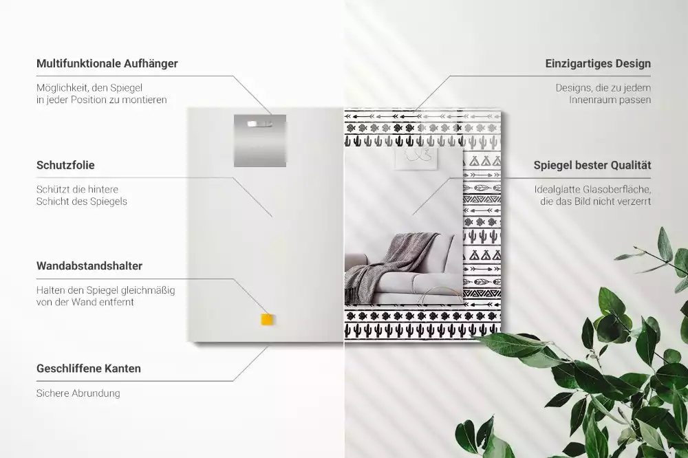 Obdélníkové zrcadlo rám s potiskem kaktusy šípy a týpí