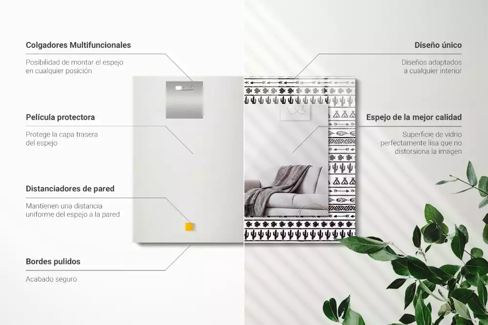 Obdélníkové zrcadlo rám s potiskem kaktusy šípy a týpí