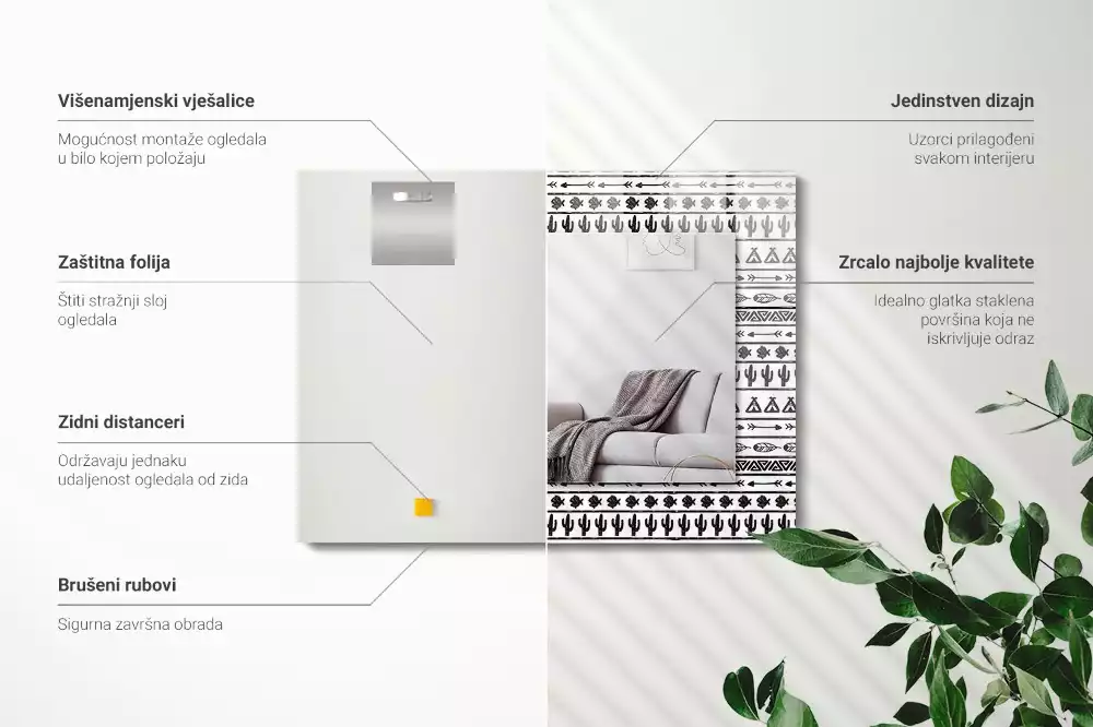 Obdélníkové zrcadlo rám s potiskem kaktusy šípy a týpí