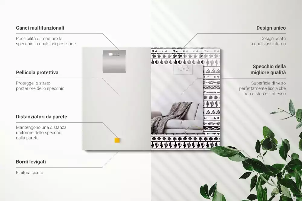 Obdélníkové zrcadlo rám s potiskem kaktusy šípy a týpí