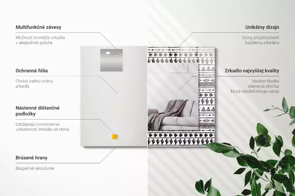 Obdélníkové zrcadlo rám s potiskem kaktusy šípy a týpí