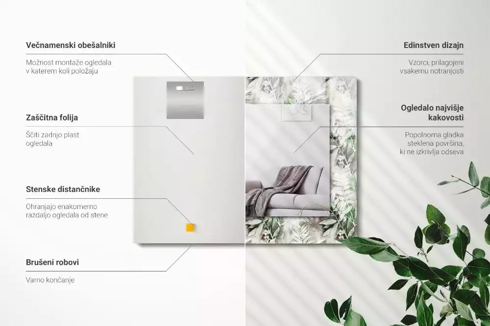 Obdélníkové zrcadlo rám s potiskem vzor se zelenými listy