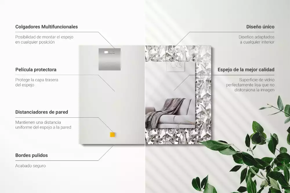 Obdélníkové zrcadlo s dekorem listy s květinami