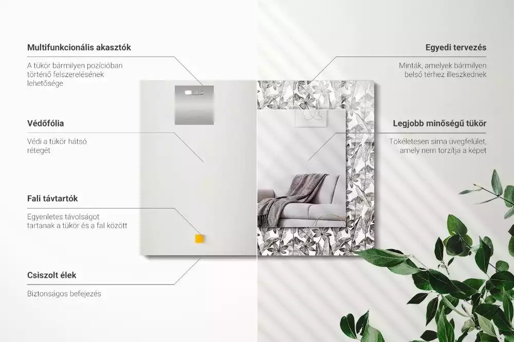 Obdélníkové zrcadlo s dekorem listy s květinami