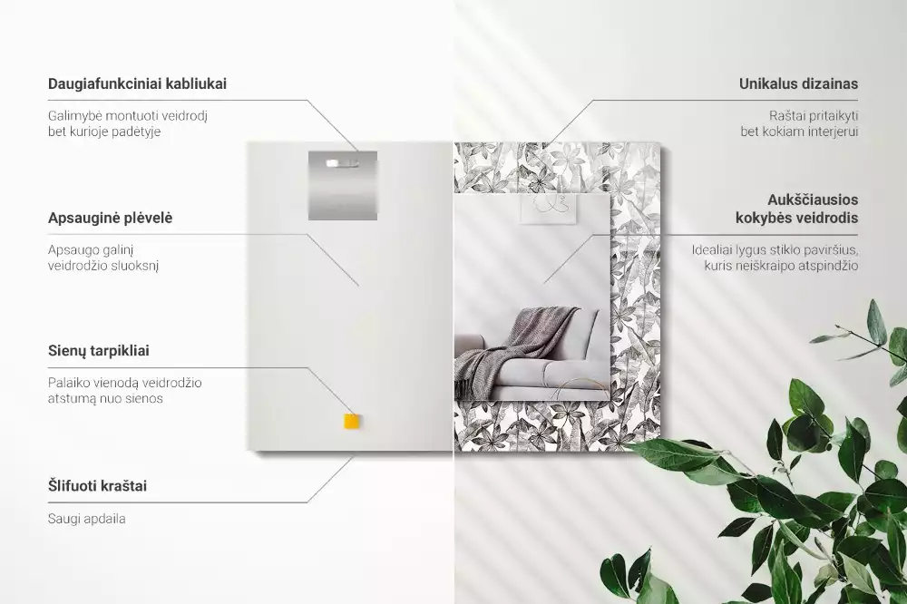 Obdélníkové zrcadlo s dekorem listy s květinami