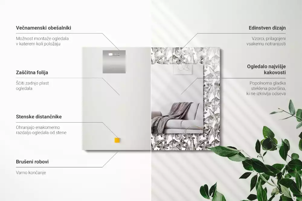 Obdélníkové zrcadlo s dekorem listy s květinami
