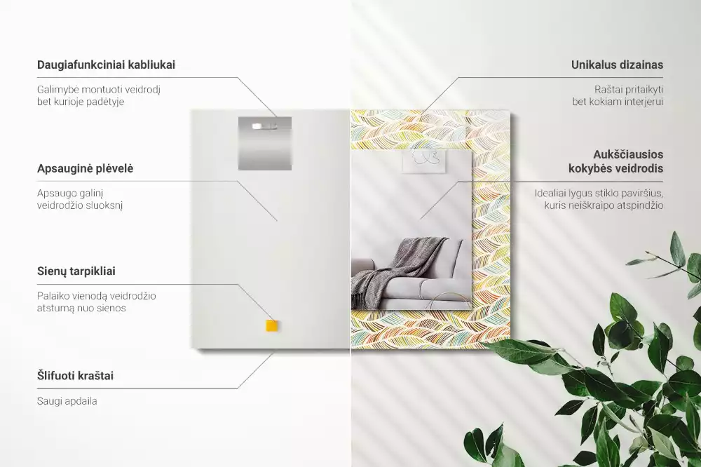 Obdélníkové dekorační zrcadlo na zeď pestré vlny a listy