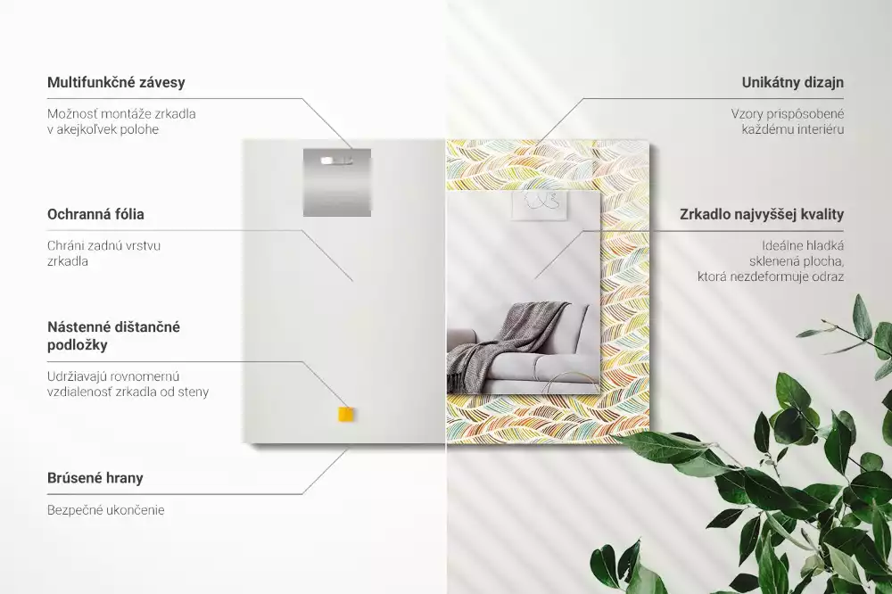 Obdélníkové dekorační zrcadlo na zeď pestré vlny a listy