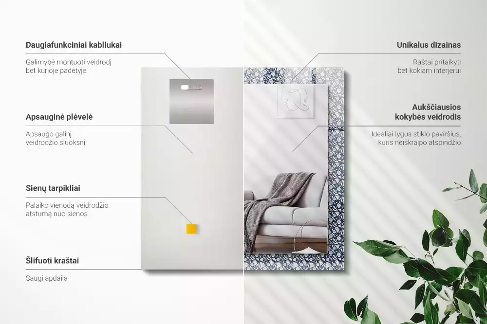 Obdélníkové dekorační zrcadlo na zeď světle modrý květinový motiv