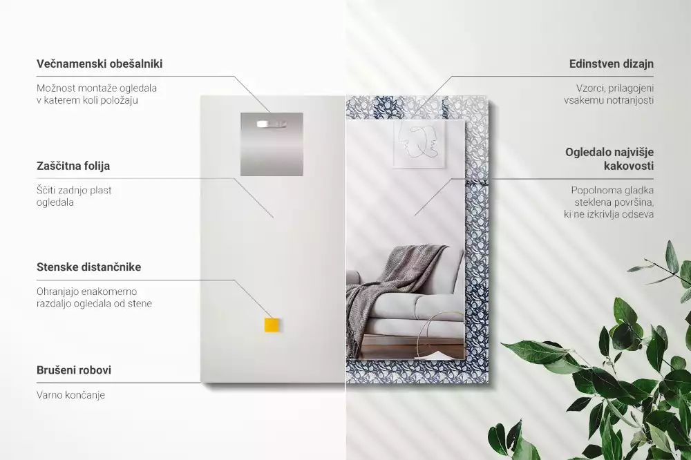 Obdélníkové dekorační zrcadlo na zeď světle modrý květinový motiv