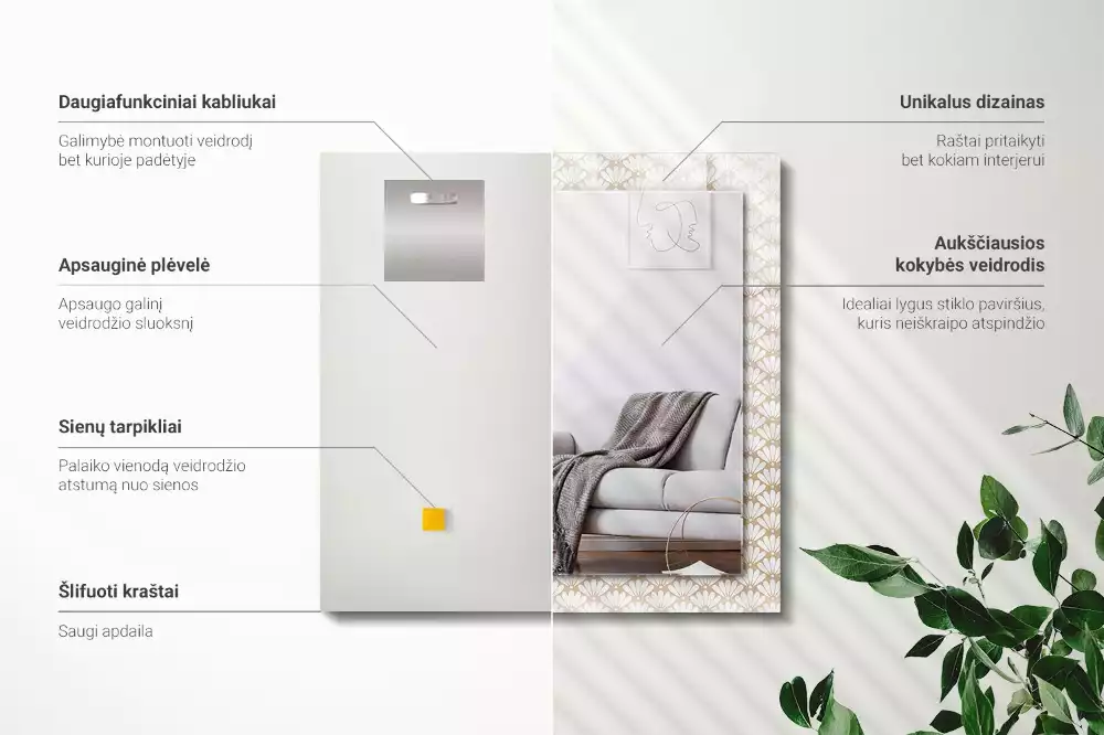 Obdélníkové zrcadlo rám s potiskem geometrický květinový motiv