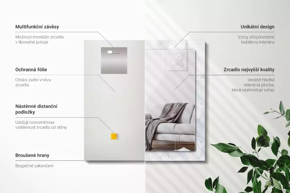 Obdélníkové zrcadlo s dekorem pampelišky a květiny