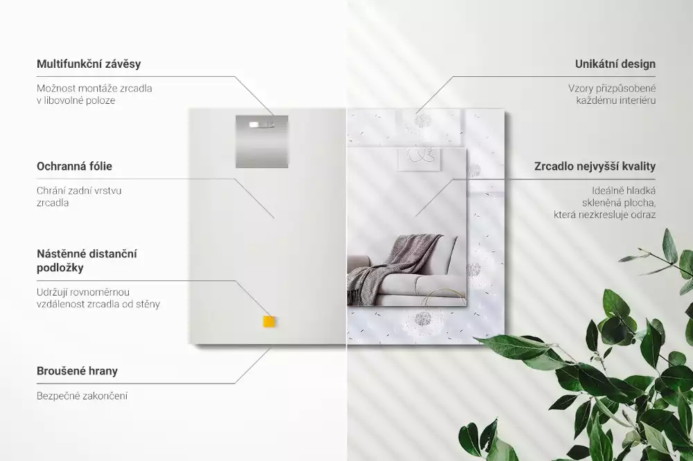 Obdélníkové zrcadlo s dekorem pampelišky a květiny
