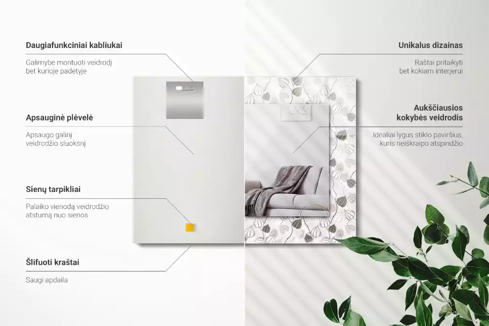 Obdélníkové dekorační zrcadlo na zeď vzor s listy