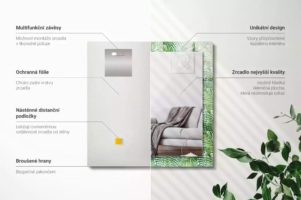 Obdélníkové zrcadlo s dekorem zelené palmové listy