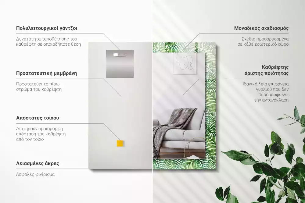 Obdélníkové zrcadlo s dekorem zelené palmové listy