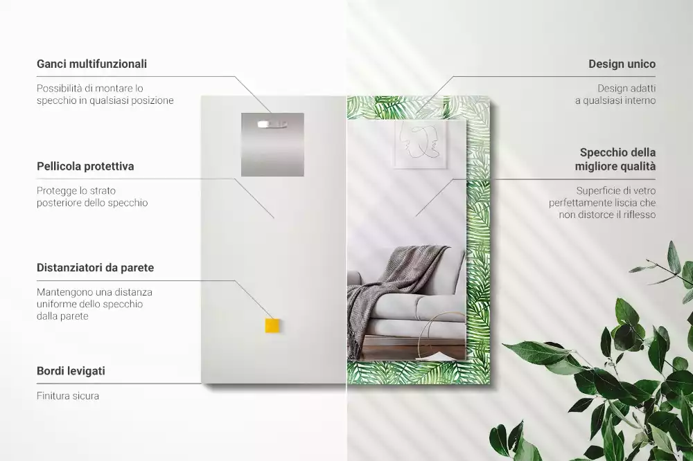 Obdélníkové zrcadlo s dekorem zelené palmové listy