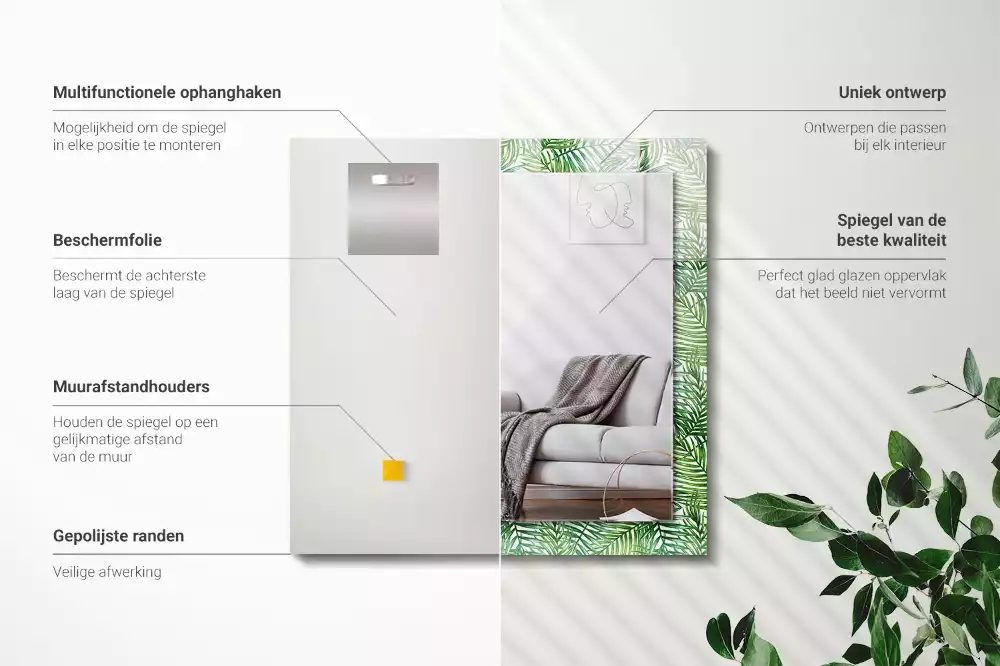 Obdélníkové zrcadlo s dekorem zelené palmové listy