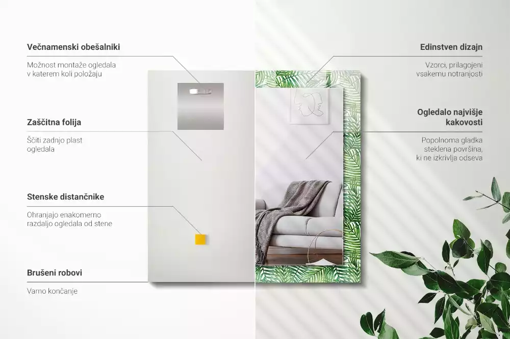 Obdélníkové zrcadlo s dekorem zelené palmové listy