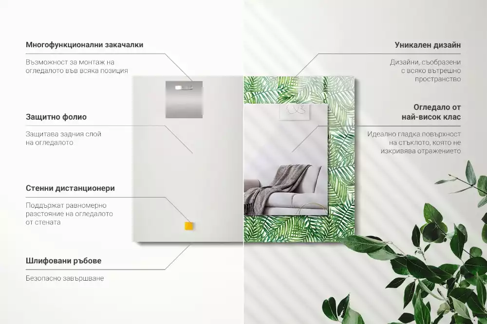 Obdélníkové zrcadlo s dekorem zelené palmové listy