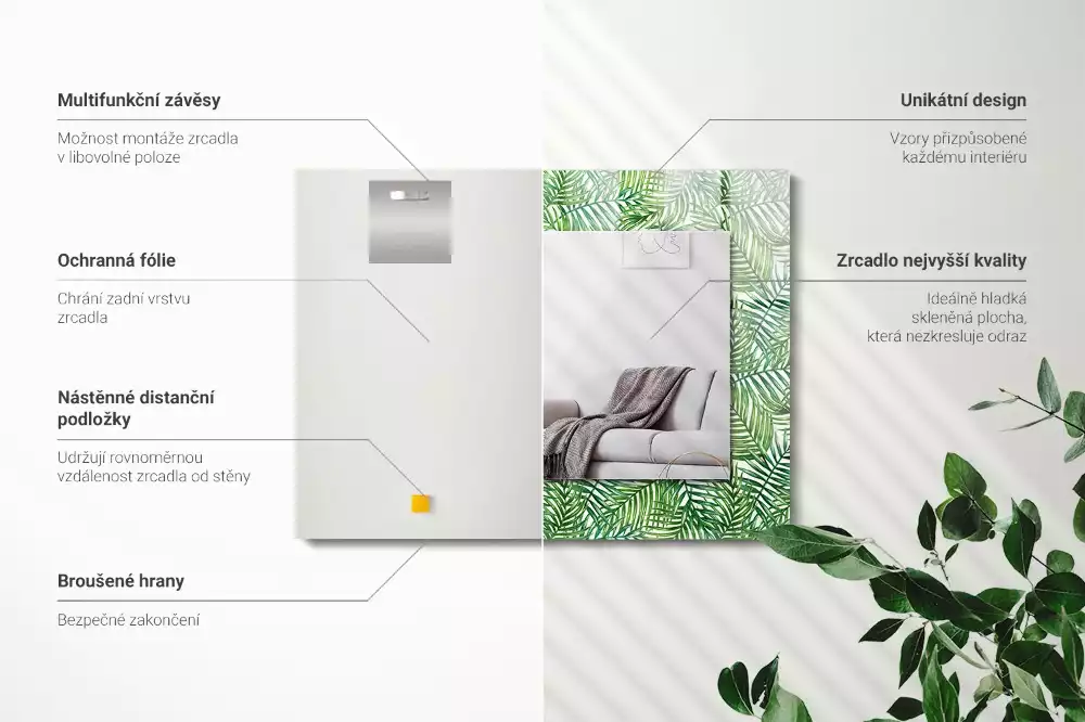 Obdélníkové zrcadlo s dekorem zelené palmové listy