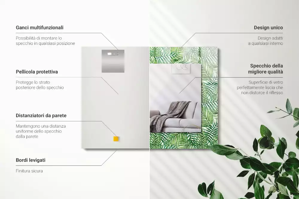 Obdélníkové zrcadlo s dekorem zelené palmové listy